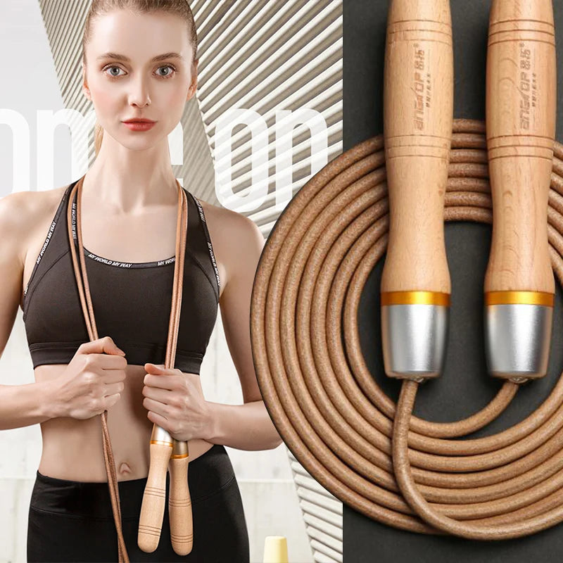 Professional Leather Jump Rope – Wooden Handle, Rapid Speed Skipping Rope for Gym & Fitness Training